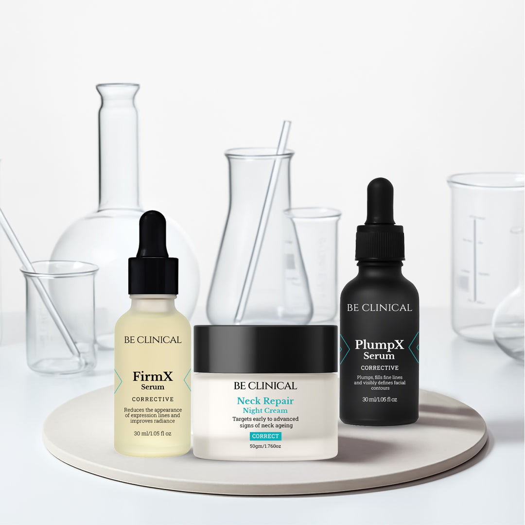 FirmX, Neck Repair and PlumpX | Advanced skincare trio for volume, lift, and firmness.